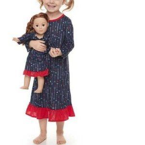 Girls Valentine Day Nightgown 4T Blue Heart Long Sleeve Pajamas & 18" Doll Gown